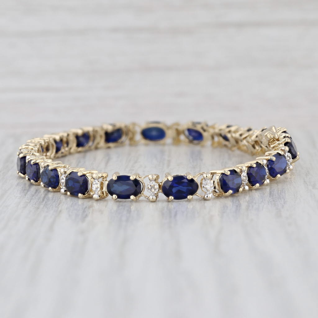 10.94ctw Lab Created Sapphire Diamond Tennis Bracelet 10k Yellow Gold 7" 4.6mm