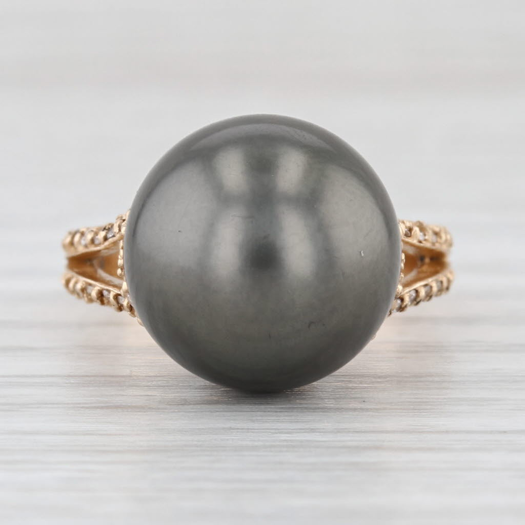 Cultured Black Pearl 0.21ctw Diamond Ring 14k Yellow Gold Size 6.25