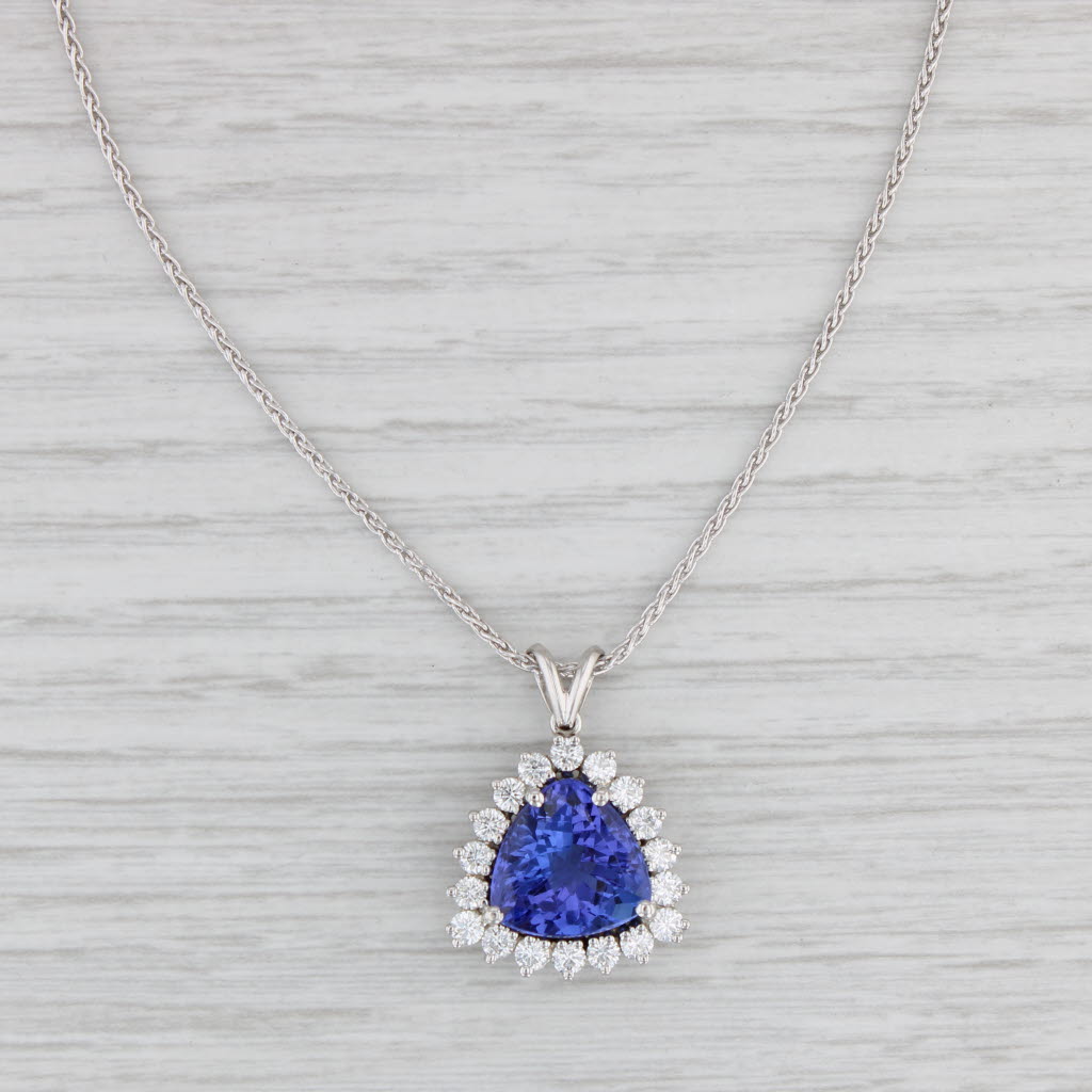 Light Gray New 5.75ctw Trillion Tanzanite Diamond Halo Pendant Necklace 950 Platinum 17.5"