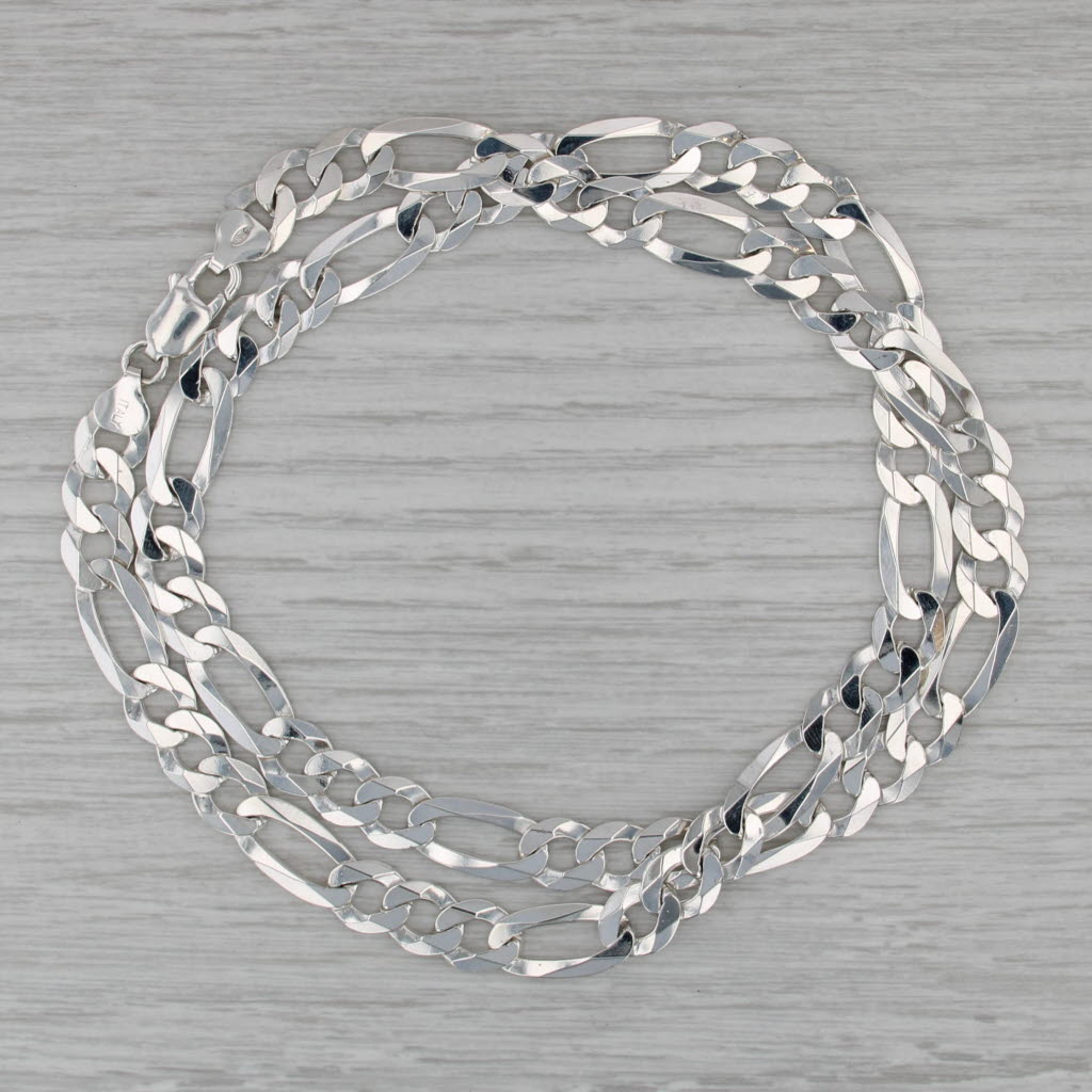 Sterling Silver Figaro Chain Necklace Italian 24" 9mm