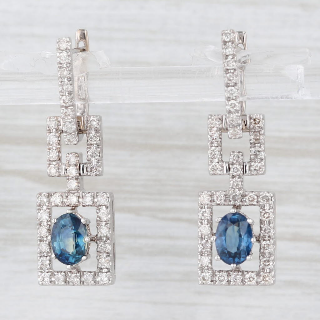 Light Gray 1.82ctw Blue Sapphire Diamond Halo Drop Earrings 14k White Gold