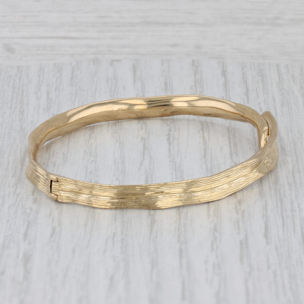 Gray Michael Aram Palm Bangle Bracelet 18k Yellow Gold 7" Hinged Woodgrain Pattern
