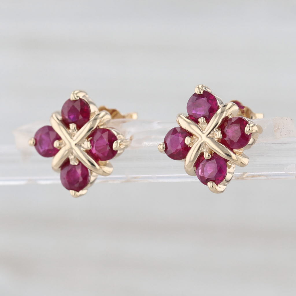 1ctw Ruby Stud Earrings 14k Yellow Gold Flower Studs