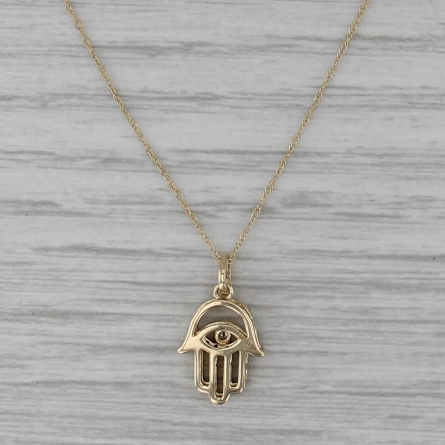 0.15ctw Diamond Hamsa Pendant Necklace 14k Yellow Gold 18" Rope Chain