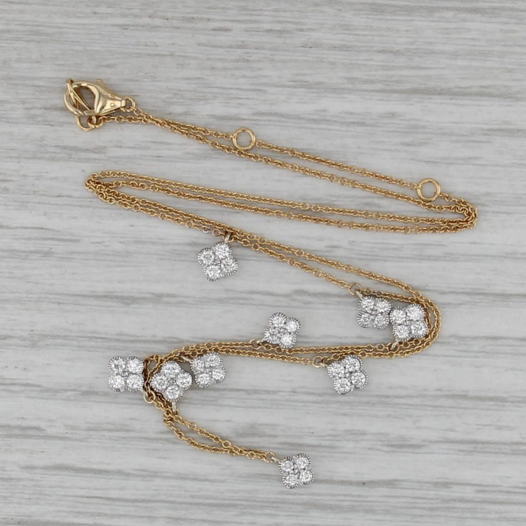 New Diamond Clover Station Necklace 14k Yellow White Gold 18" Adjustable