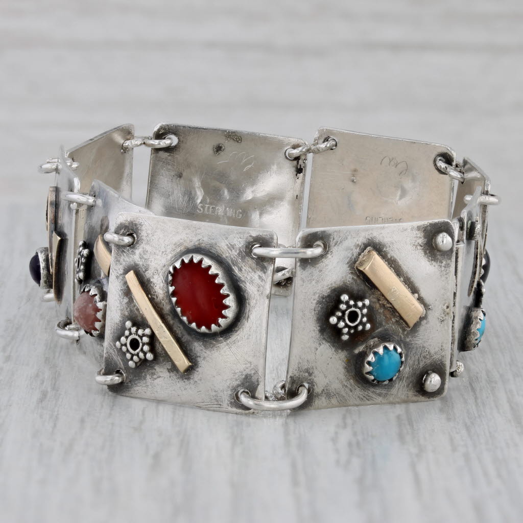 Gray Vintage Artisan Gemstone Panel Bracelet Sterling Silver 14k Gold Statement 7.25"