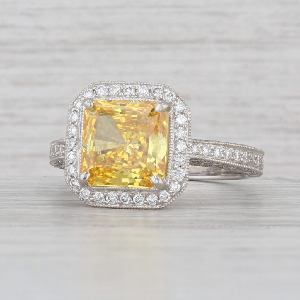 Simon G 5.42ctw Yellow Princess Cubic Zirconia Halo Ring 18k White Gold Size 5.5