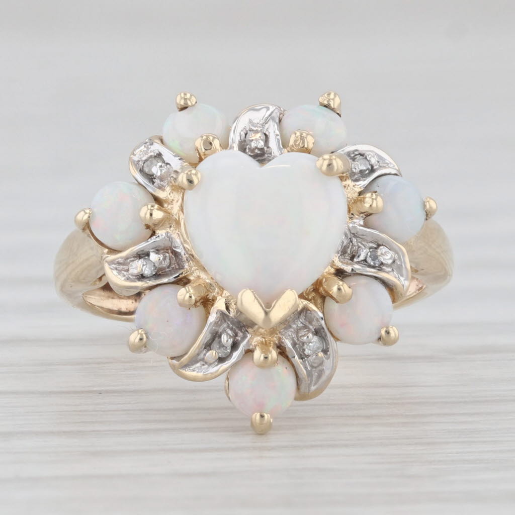 Light Gray Opal Heart Halo Diamond Ring 10k Yellow Gold Size 4.25