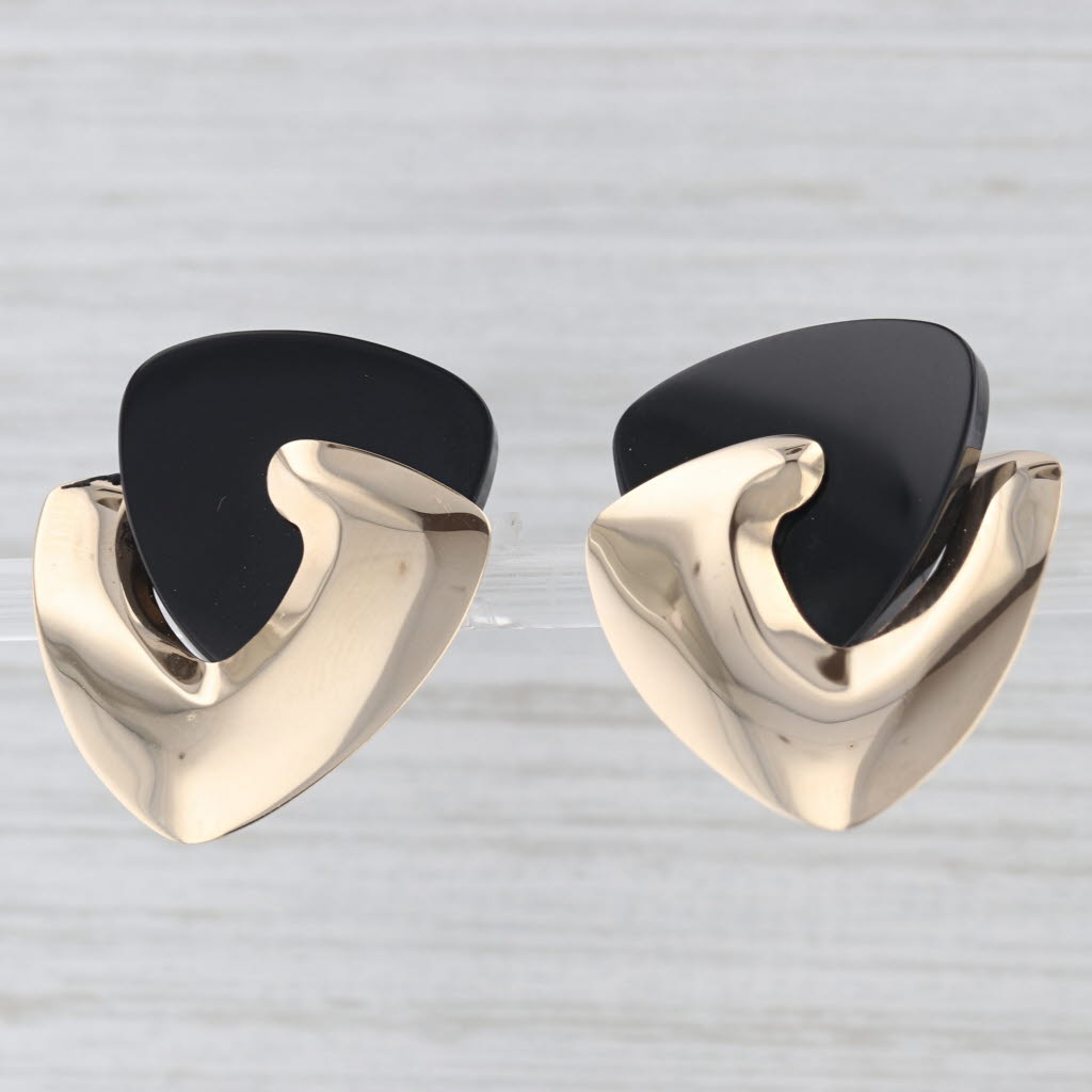 Light Gray Abstract Triangle Onyx Statement Earrings 14k Yellow Gold