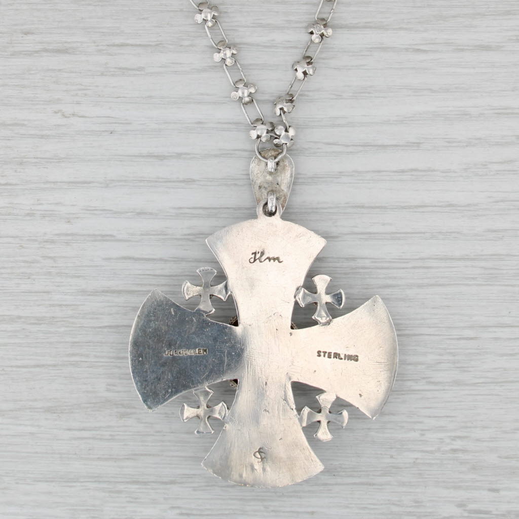 Vintage Large Jerusalem Cross Pendant Necklace Sterling Silver 17"