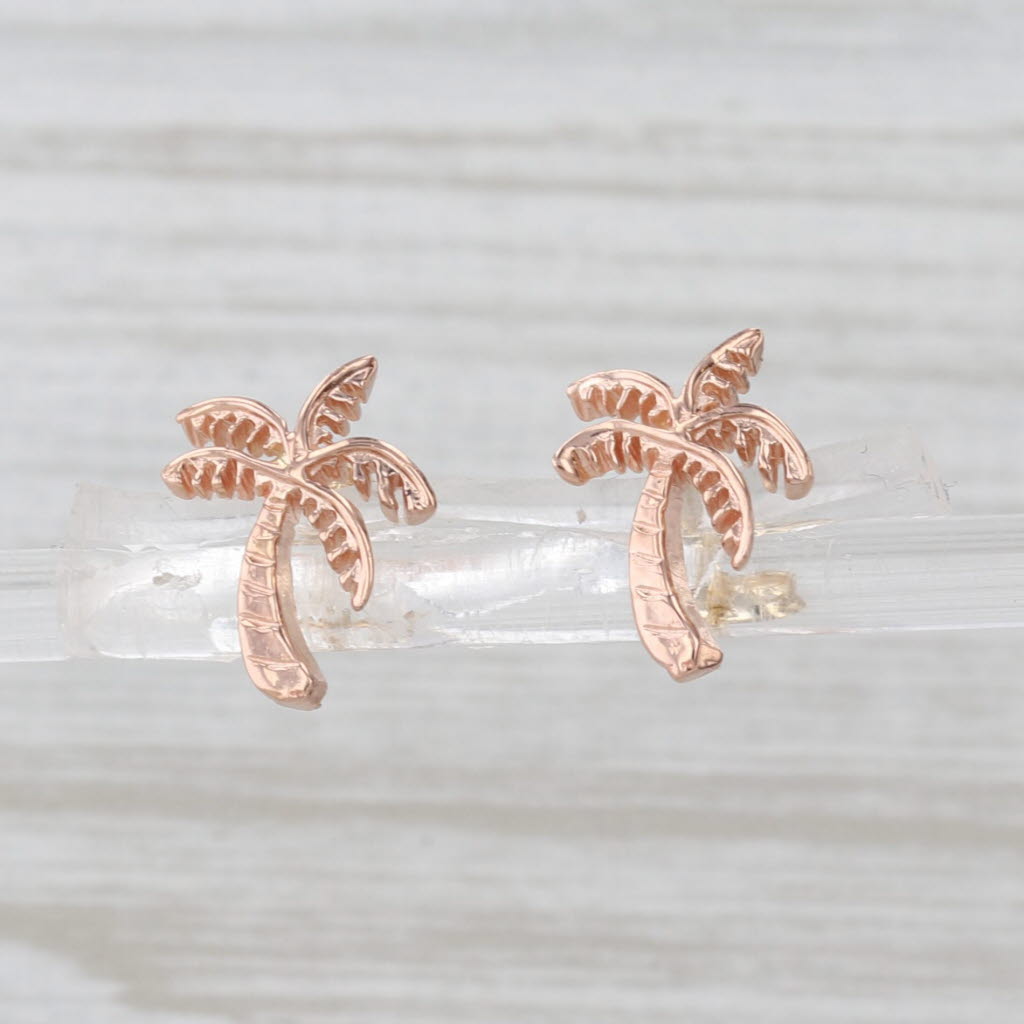 Small Palm Tree Stud Earrings 14k Rose Yellow Gold Studs