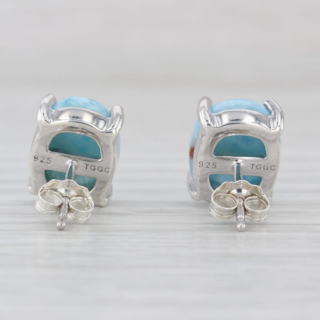 Larimar Oval Cabochon Solitaire Stud Earrings Sterling Silver Studs COA