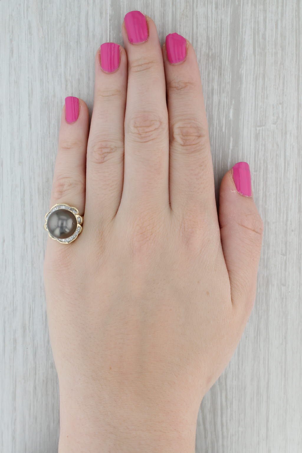 Gray Cultured Gray Pearl Diamond Halo Ring 14k Yellow Gold Size 6.75 Cocktail
