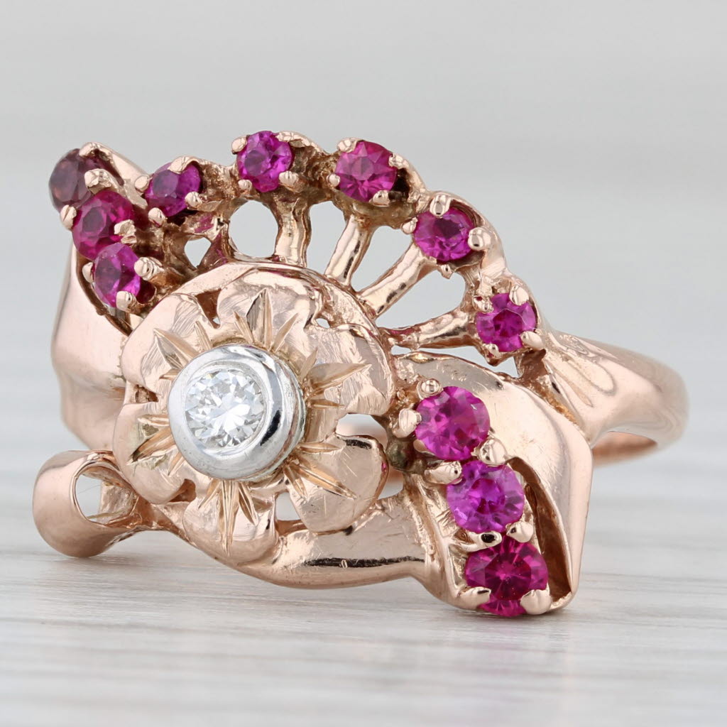 Gray Retro Vintage 0.68ctw Ruby Diamond Rose Gold Cocktail Ring 14k Size 6.25