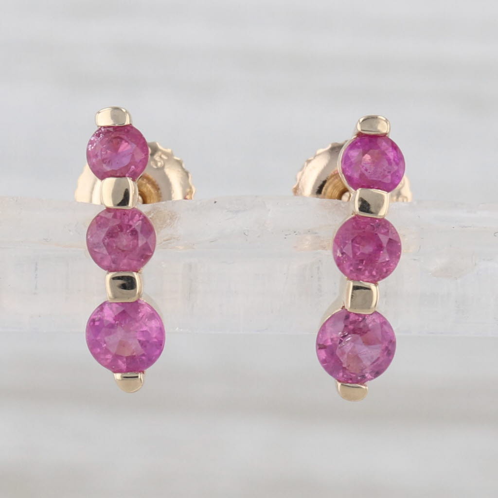 0.80ctw Pink Sapphire 3-Stone Journey Drop Earrings 14k Yellow Gold