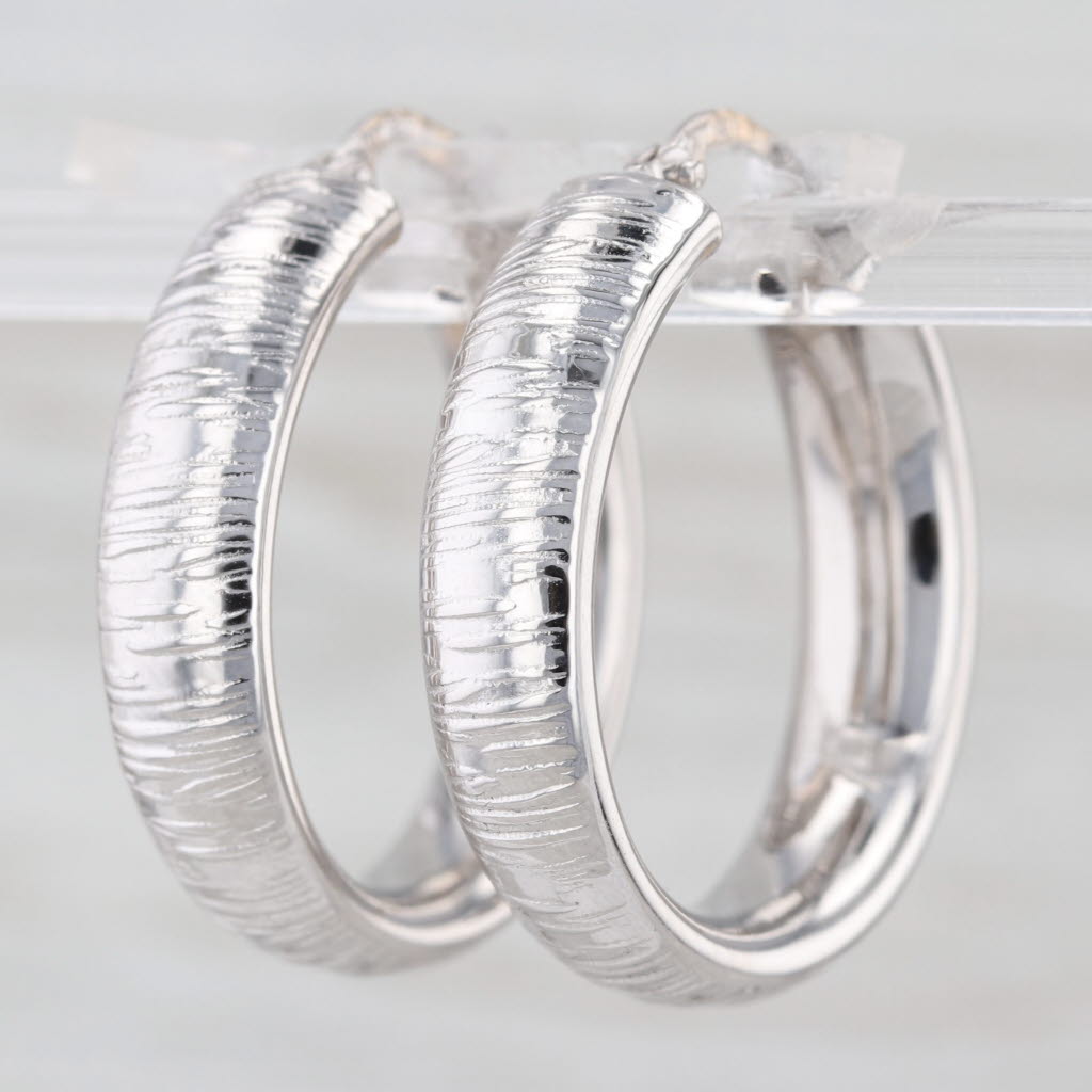 Etched Textured Hoop Earrings 18k White Gold Snap Top Round Hoops
