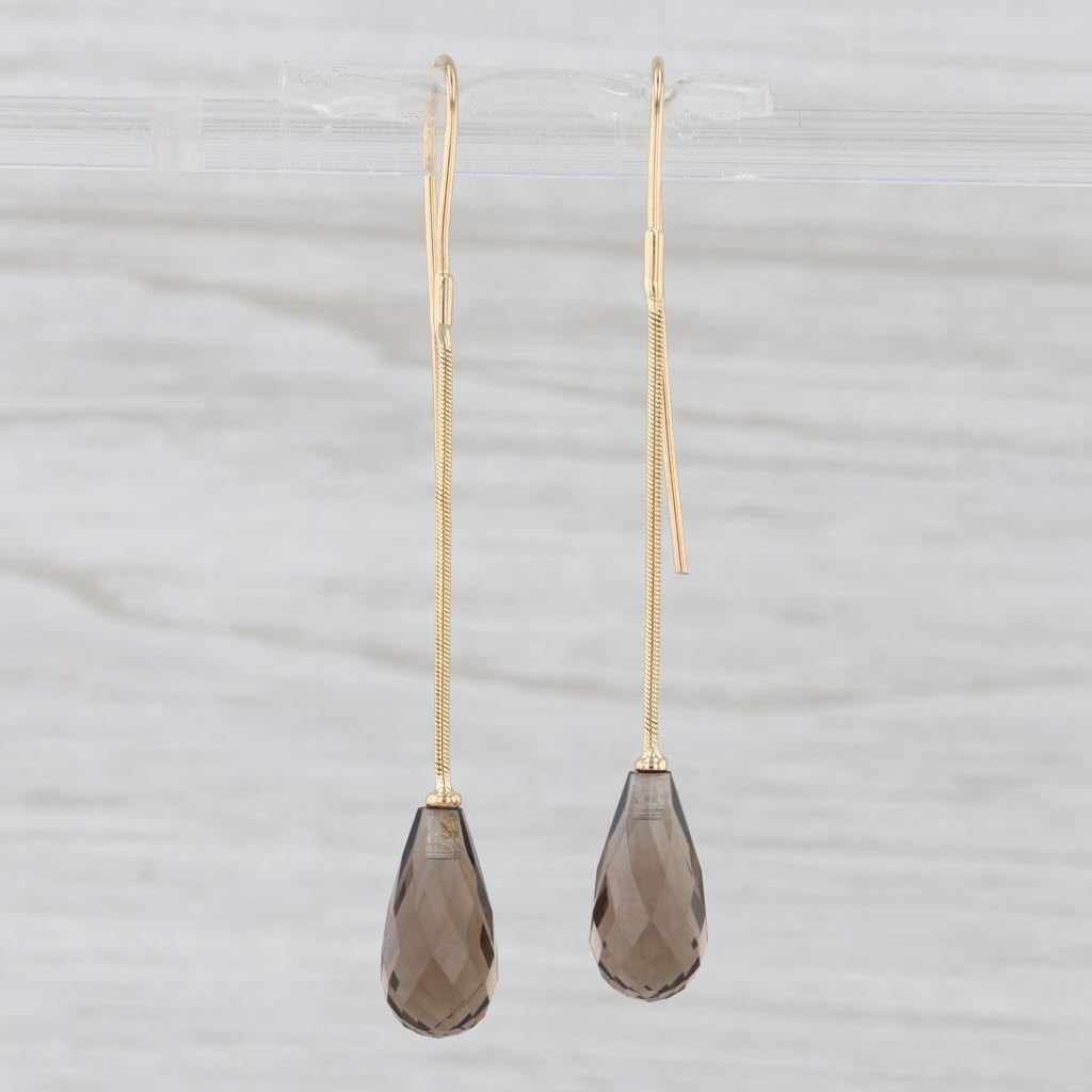 Smokey Quartz Briolette Dangle Teardrop Earrings 14k Yellow Gold Hook Posts