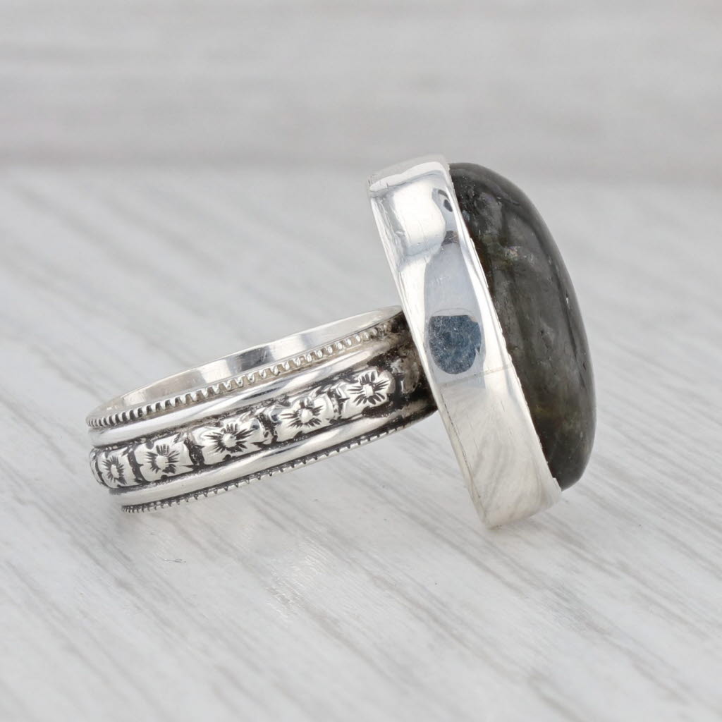 Gray Vintage Labradorite Oval Cabochon Solitaire Ring 900 Silver Size 5.25