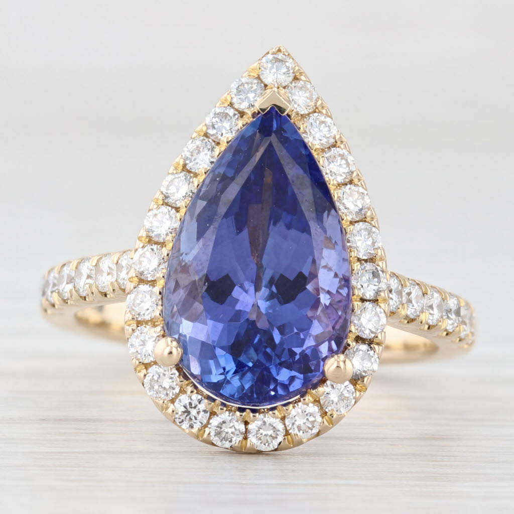 Light Gray 5.34ctw Pear Tanzanite Diamond Halo Ring 14k Gold Size 6.5 Teardrop Engagement