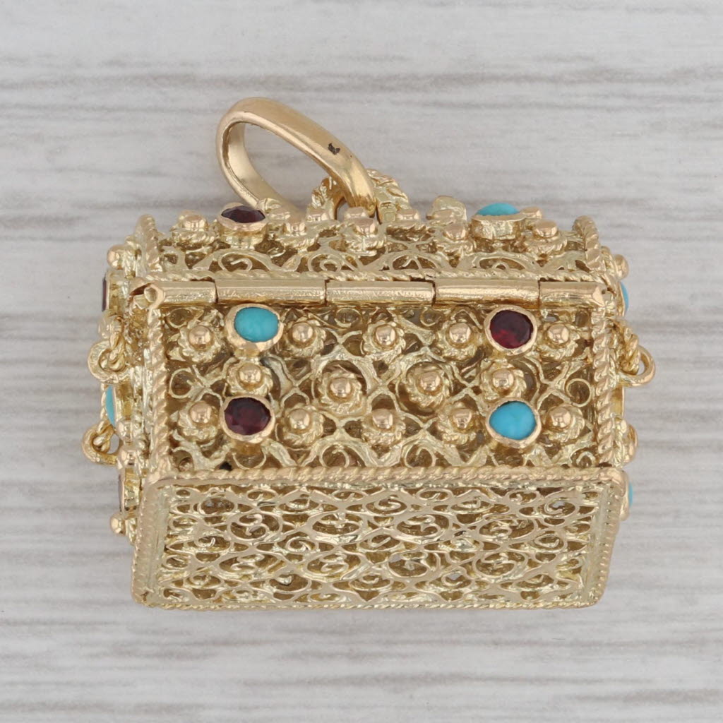Gray Etruscan Style Gemstone Treasure Chest Charm 800 Gold Pendant Garnet Turquoise