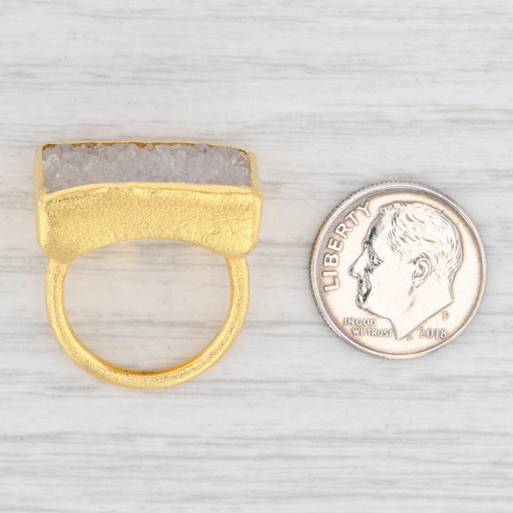 New Nina Wynn White Druzy Quartz Ring Sterling Silver 22k Gold Vermeil Size 6
