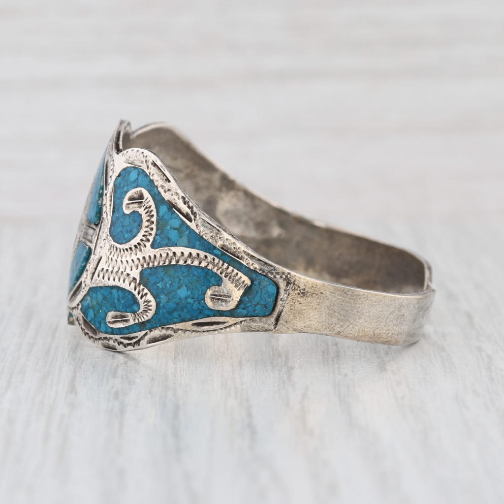 Vintage Blue Resin Mosaic Ornate Cuff Bracelet Sterling Silver