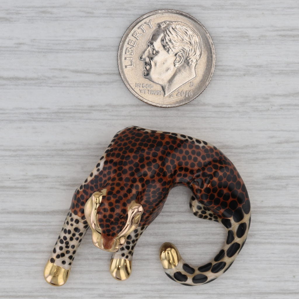 Gray Leopard Slide Pendant 14k Yellow Gold Enamel Statement