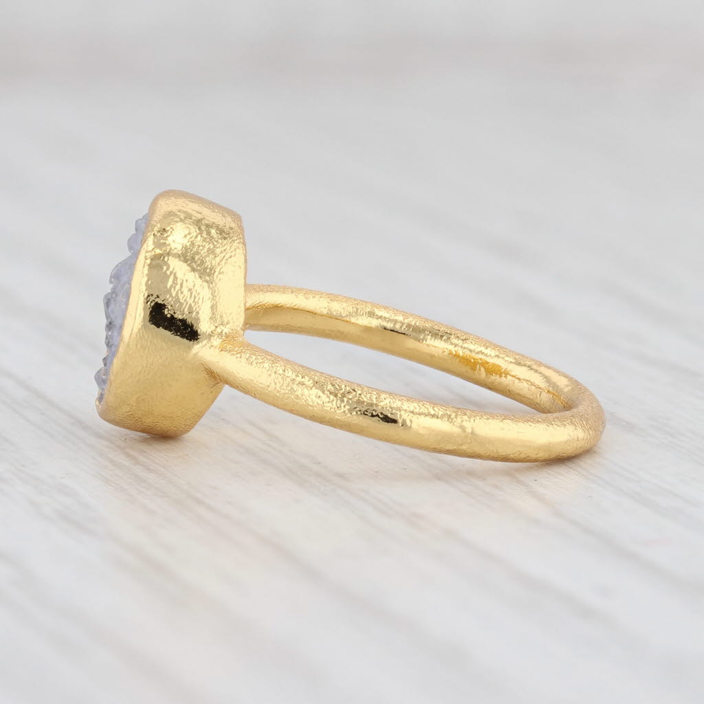 New Nina Wynn Gray Quartz Druzy Ring Sterling Silver 22k Gold Vermeil Size 5.5