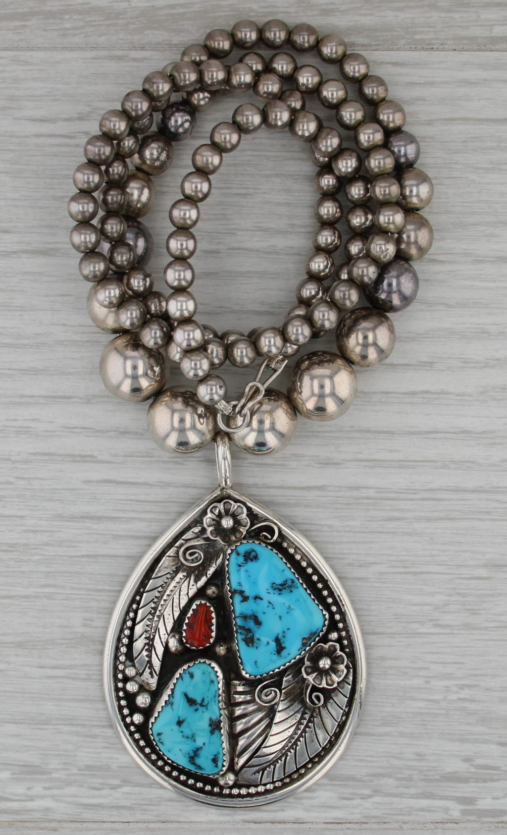 Turquoise Cloral Floral Pendant Bead Necklace Sterling Silver Native American HB