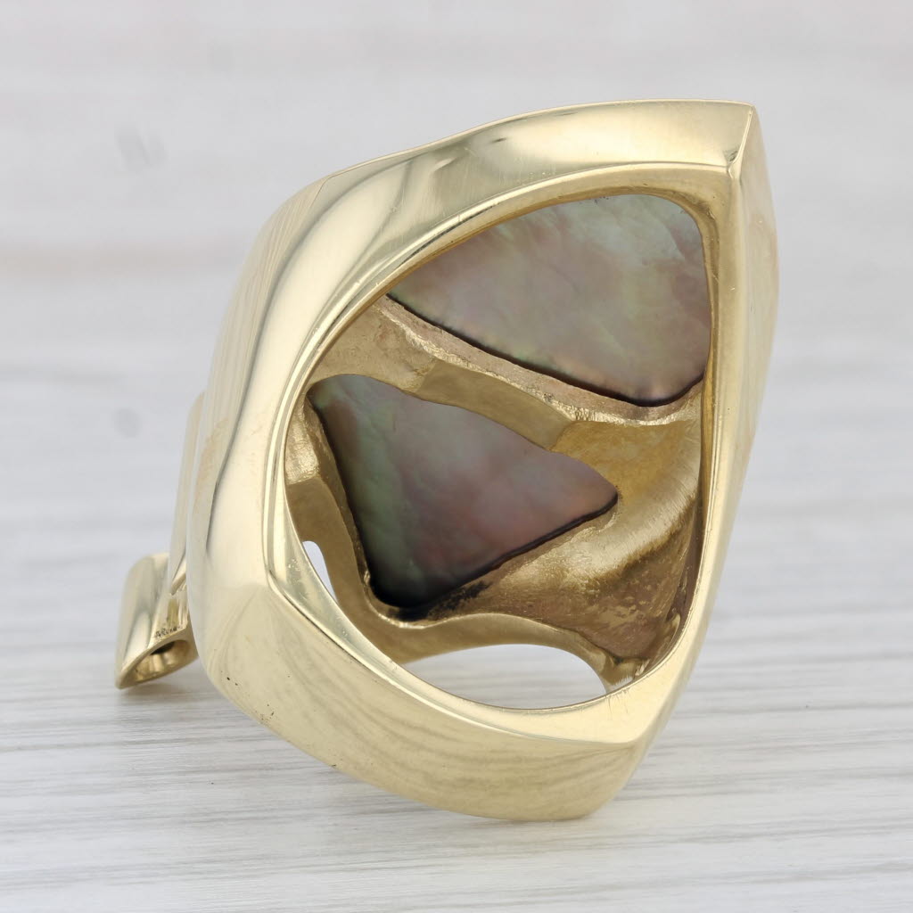 Light Gray Mother of Pearl Zircon Statement Ring 18k Yellow Gold Size 7.75 Cocktail