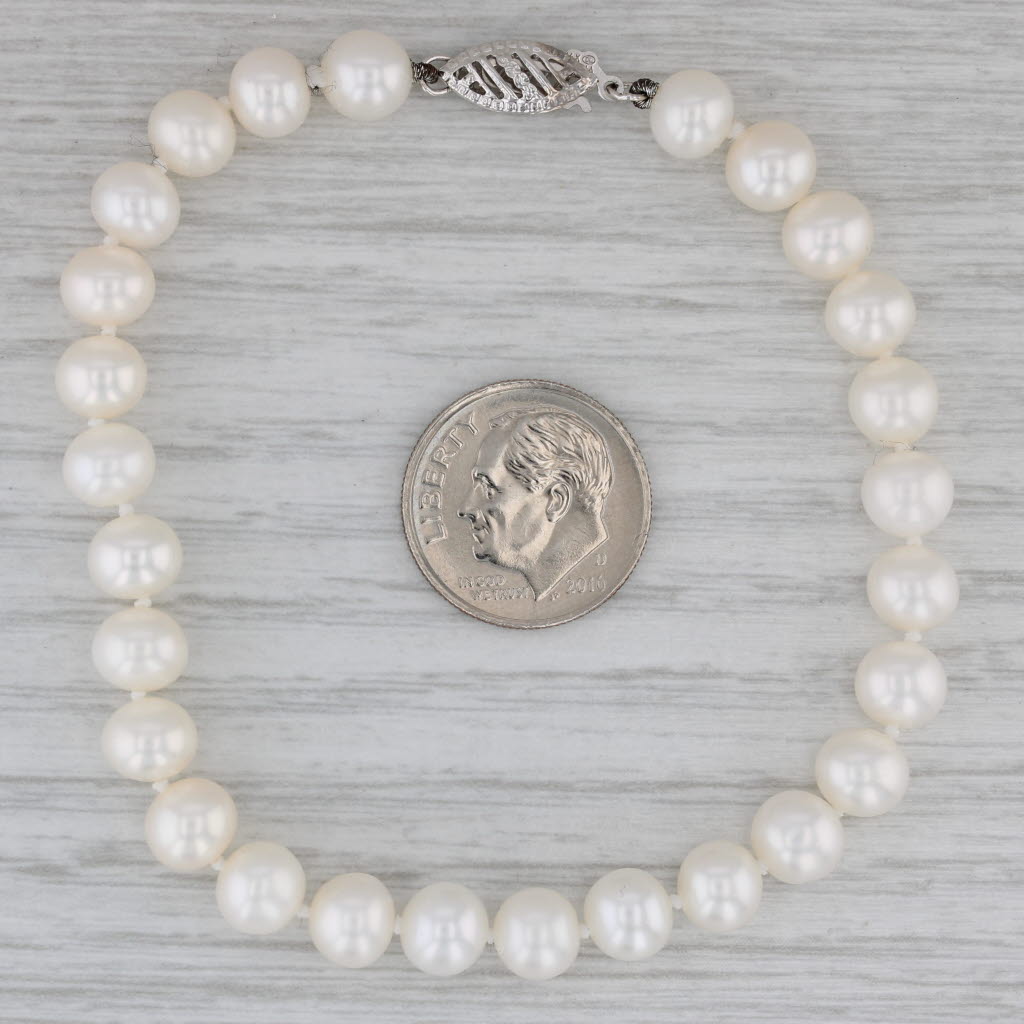 Gray 7" Single Cultured Pearl Strand Bracelet 14k White Gold 6.7mm