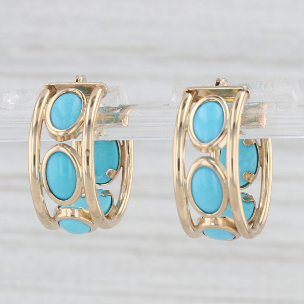 Light Gray Lab Created Turquoise Hoop Earrings 14k Yellow Gold Snap Top Round Hoops