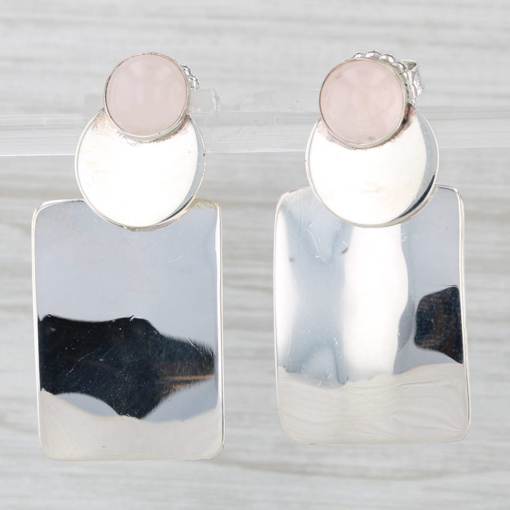 Light Gray Pink Rose Quartz Dangle Earrings Sterling Silver Round Cabochons