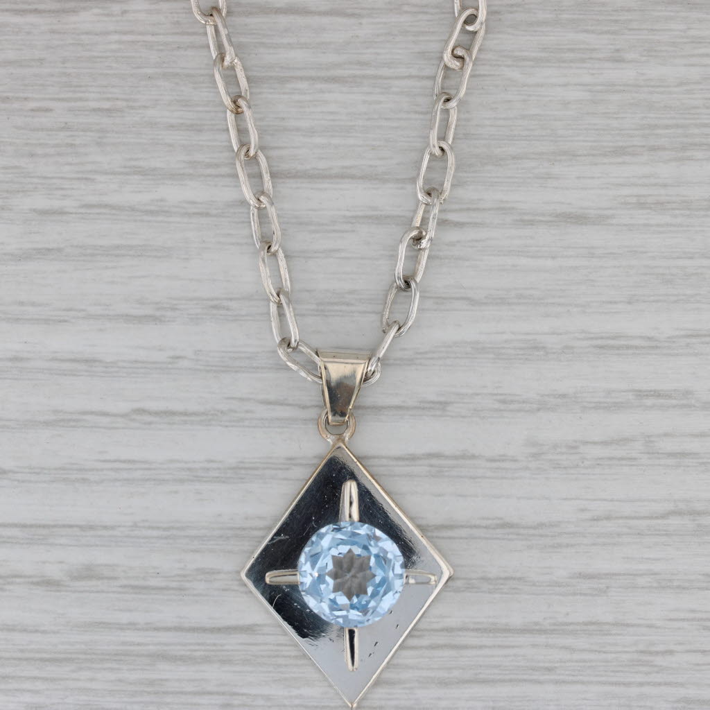 Gray 5.10ct Lab Created Blue Spinel Necklace Sterling Silver Taxco Modernist 27.25"