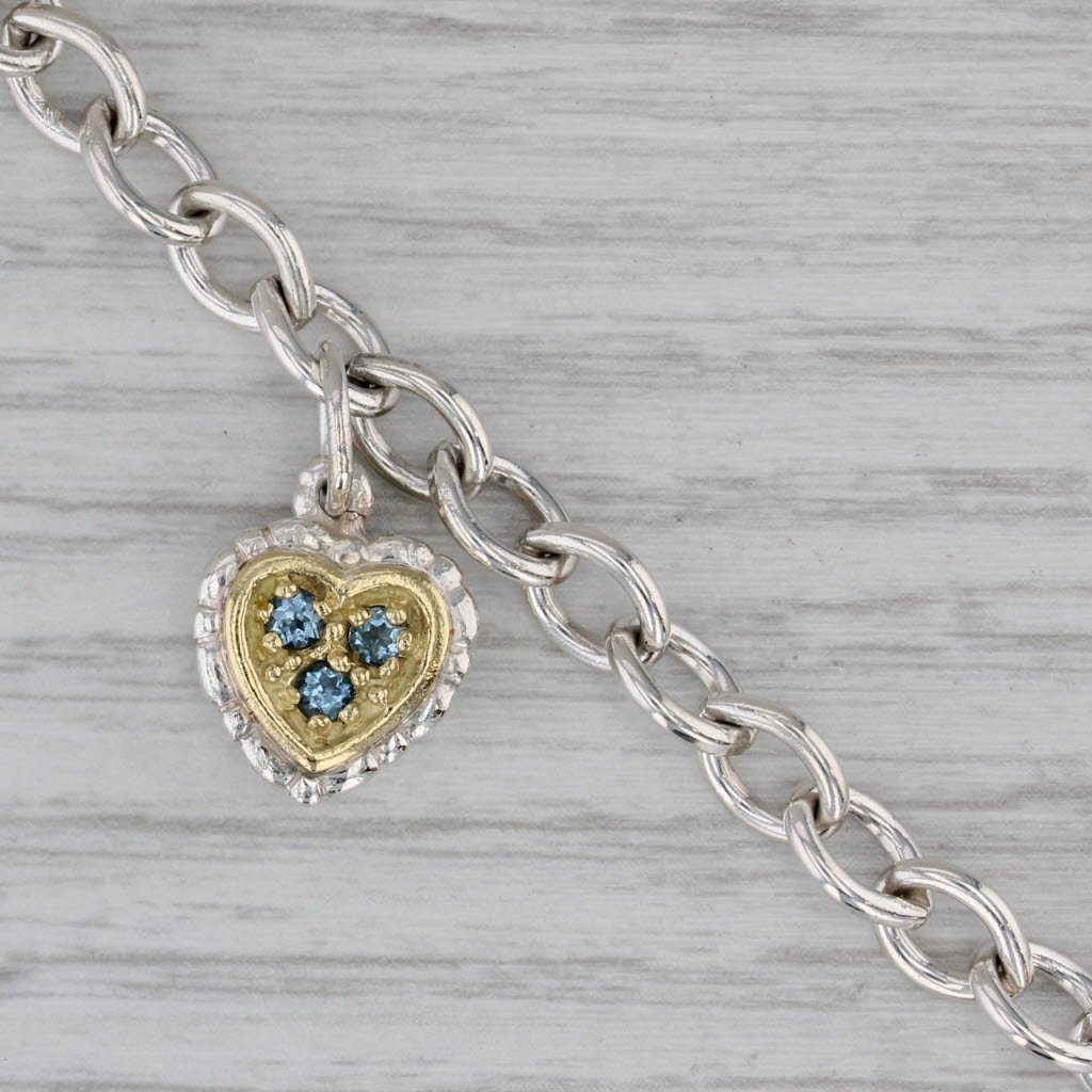 Gray 0.36ctw Ruby Aquamarine Heart Charms Bracelet Sterling Silver 18k Gold 6.5"