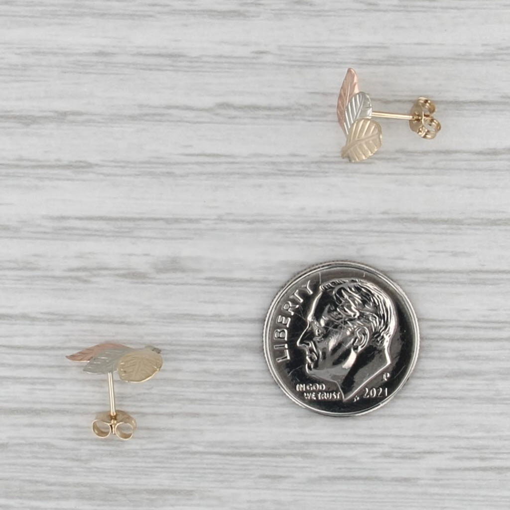 Tri-Toned Leaf Stud Earrings 14k White Yellow Rose Gold Studs