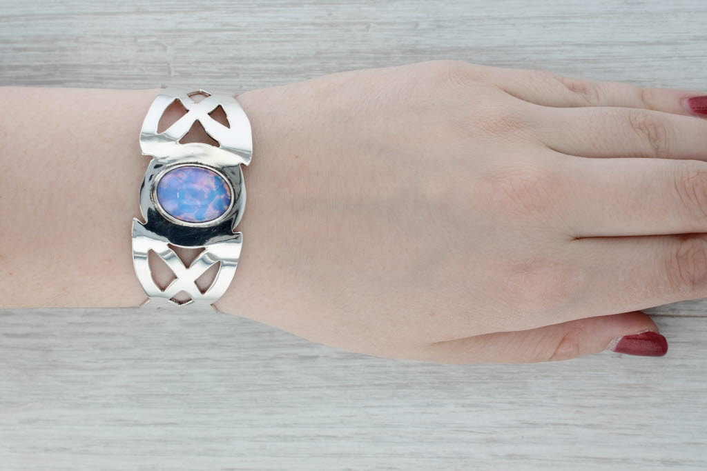 Colorful Imitation Opal Glass Celtic Knot Cuff Bracelet Sterling Silver 7.25"