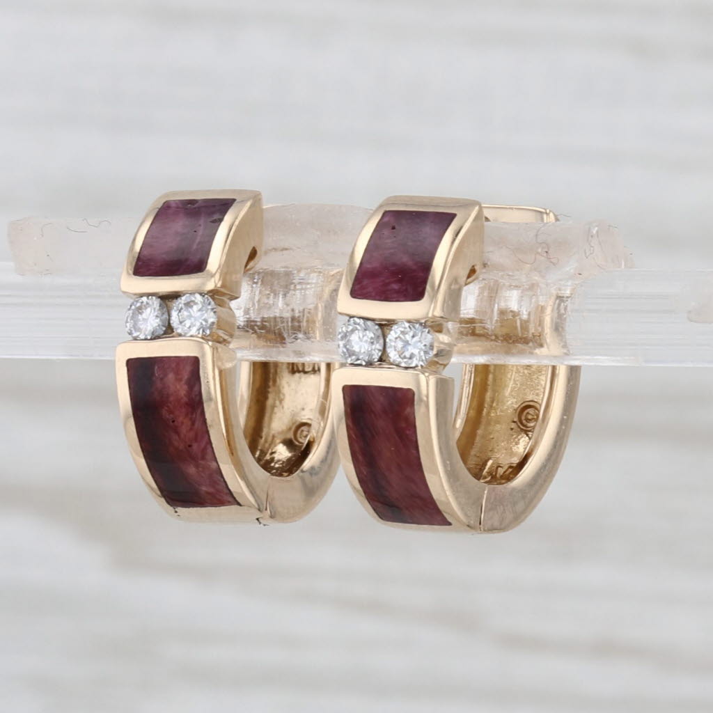 Marron Shell 0.12ctw Diamond Hoop Huggie Earrings 14k Yellow Gold Snap top Hoops