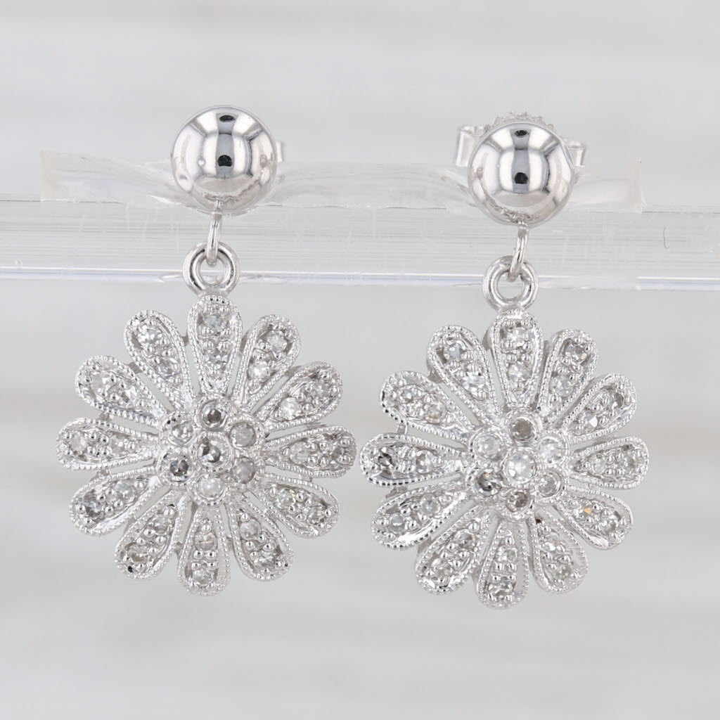 0.30ctw Diamond Flower Dangle Earrings 14k White Gold Floral Drops