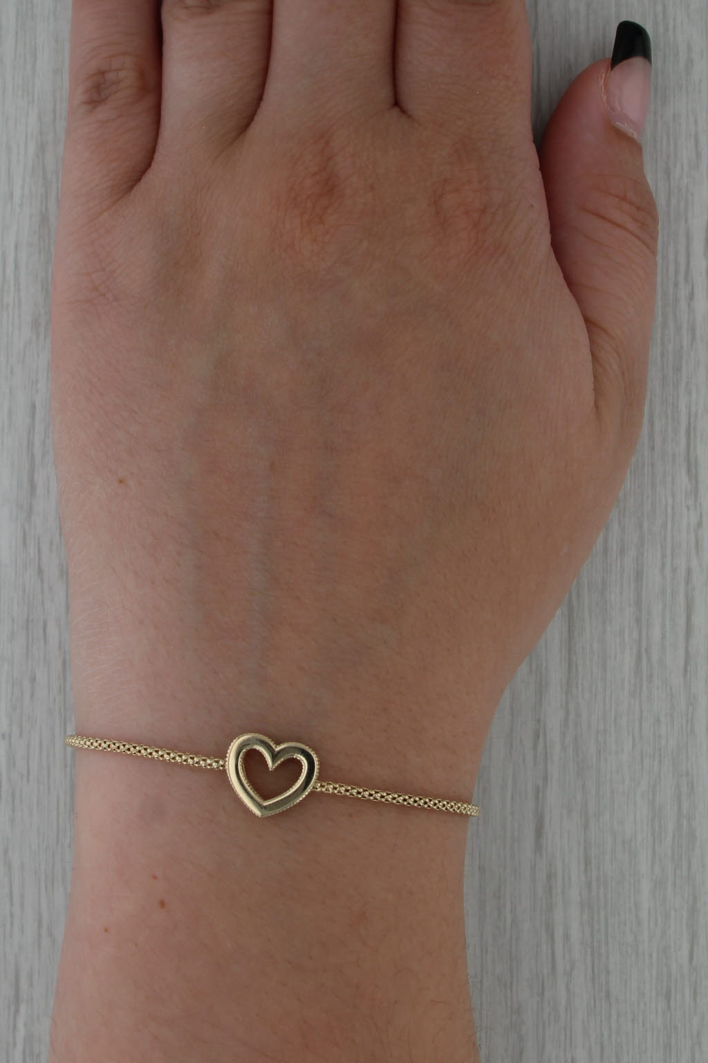 Heart Bracelet 14k Yellow Gold Bolo Slide Popcorn Chain 9.25" Adjustable