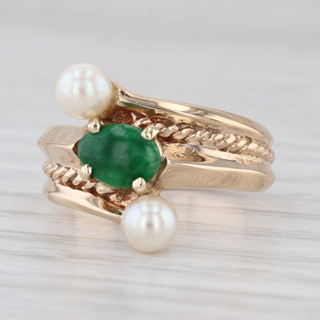 Green Jadeite Jade Pearl Bypass Ring 14k Yellow Gold Size 6