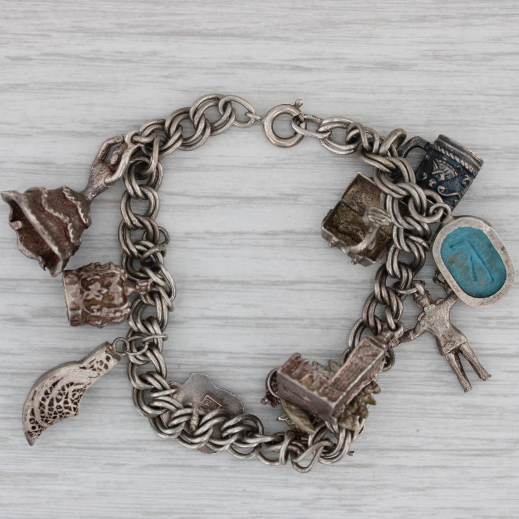 Gray Vintage Mixed Themed Charm Bracelet Sterling Silver Enamel Souvenir British 6"