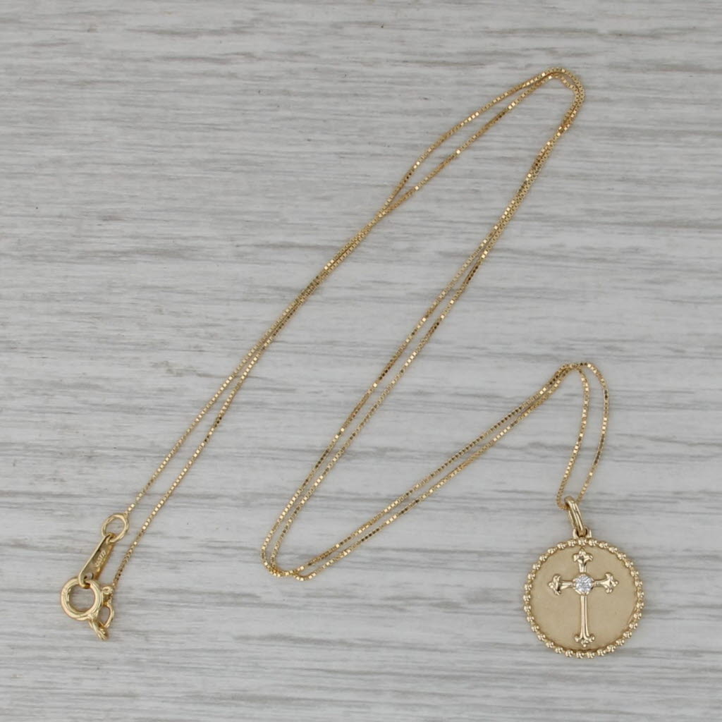 New Diamond Cross Pendant Necklace 14k Yellow Gold 18" Box Chain