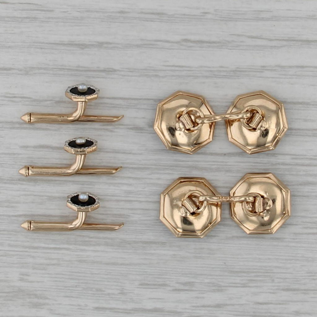 Vintage Onyx Pearl Cufflinks Shirt Studs Set 14k Gold Platinum Suite Accessories