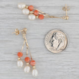 Vintage Orange Coral Cultured Pearl Dangle Earrings 14k Yellow Gold Bead Drops