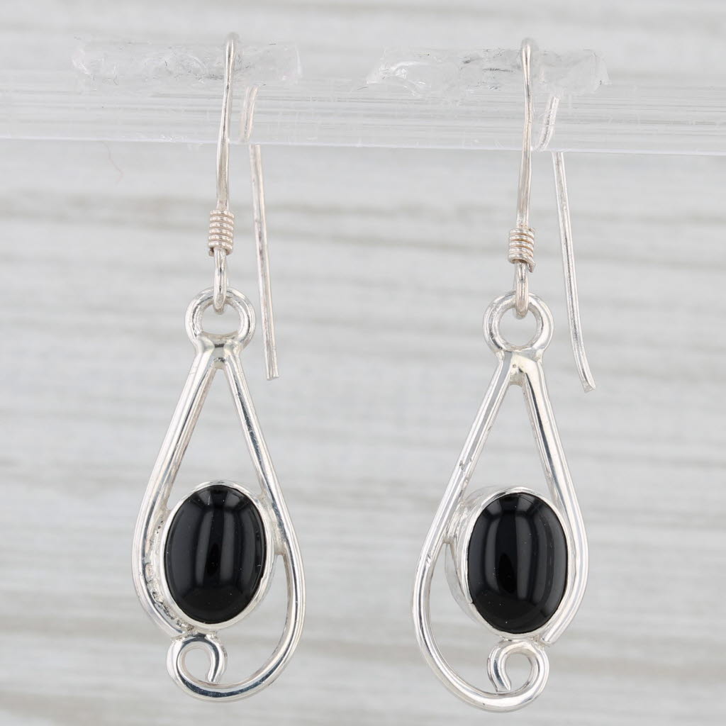 Light Gray Onyx Oval Cabochon Dangle Earrings Sterling Silver Hook Posts