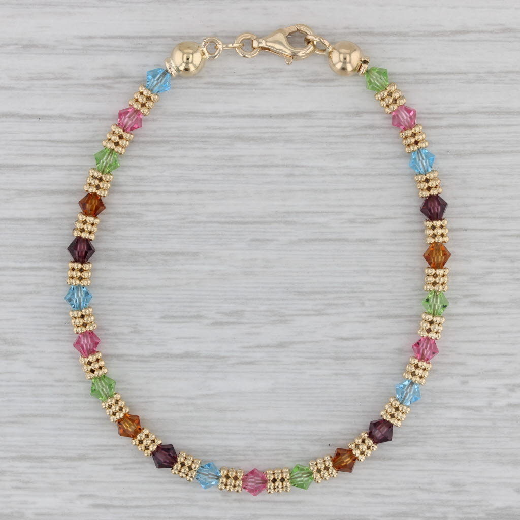 Gray Multicolor Glass Bead Bracelet 14k Yellow Gold 7" 4mm
