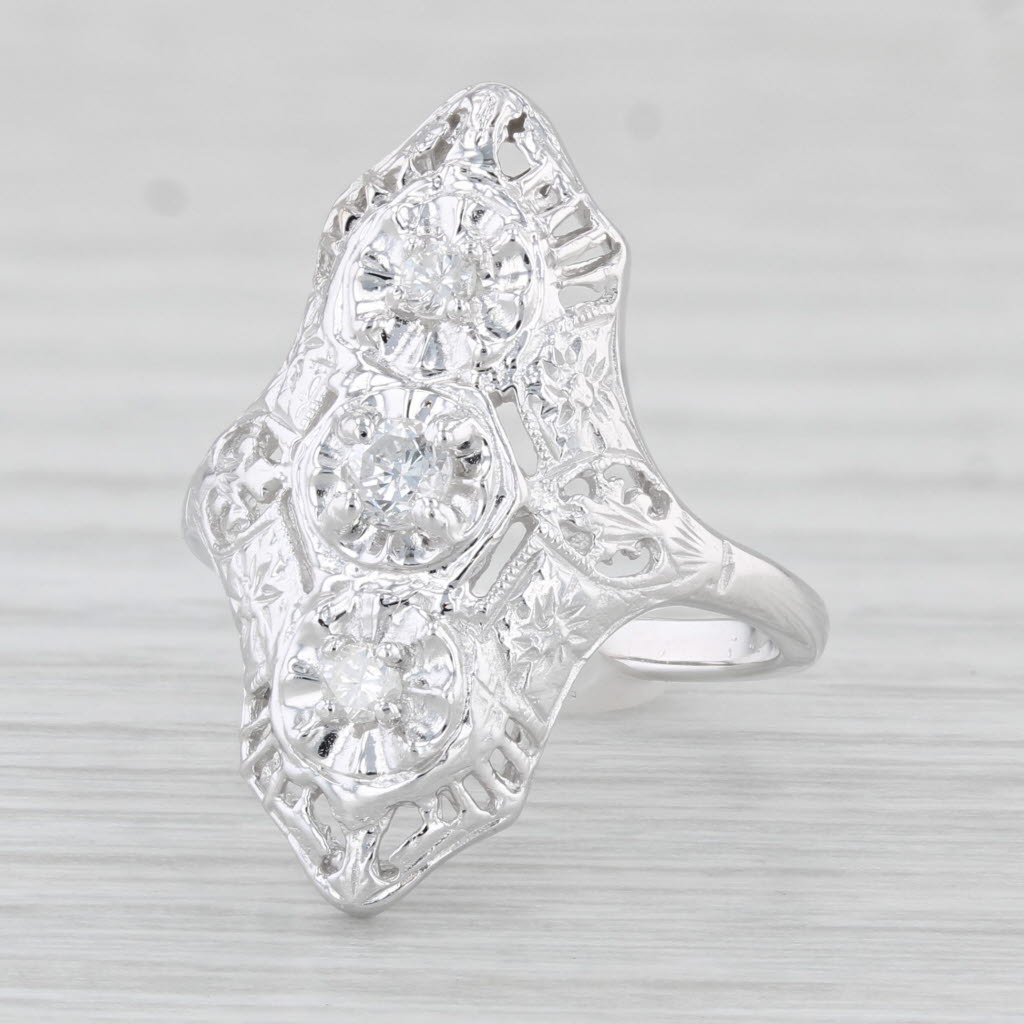 Light Gray 0.16ctw Diamond 3-Stone Vintage Ornate Ring 14k White Gold Size 4.5