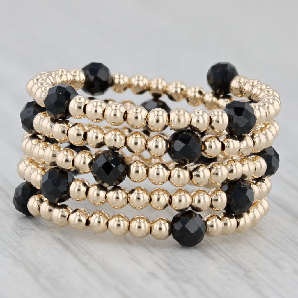 Gray New Coiled Bead Black Glass Ring 14k Yellow Gold Adjustable Size 7