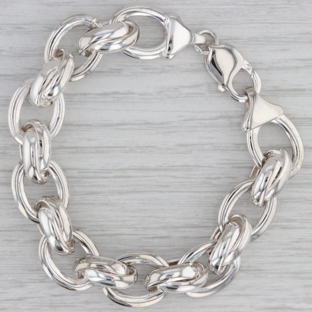 Gray Puffy Cable Chain Bracelet Sterling Silver 7" 14.4mm Lobster Clasp